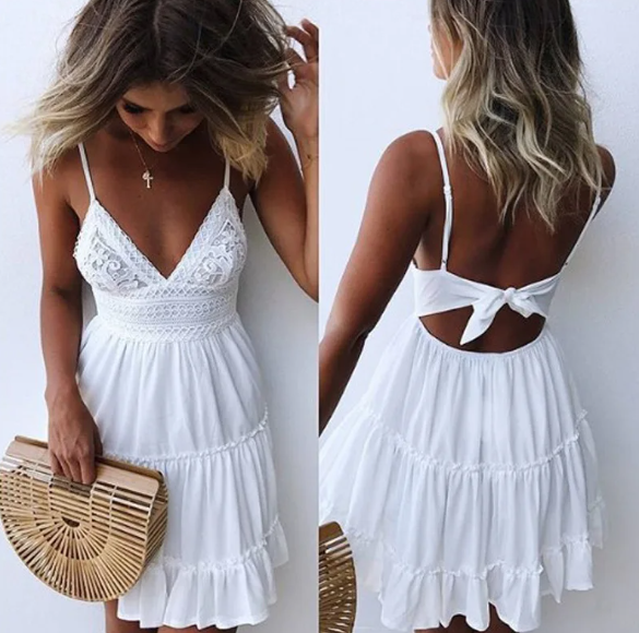 Vestido Corto Mujer Playa Tirantes Lazo Espalda Veraniego