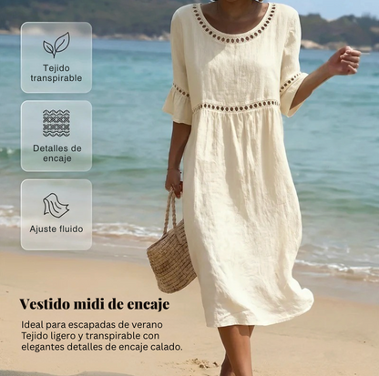 Vestido midi mujer de lino y algodón cuello redondo mangas volantes