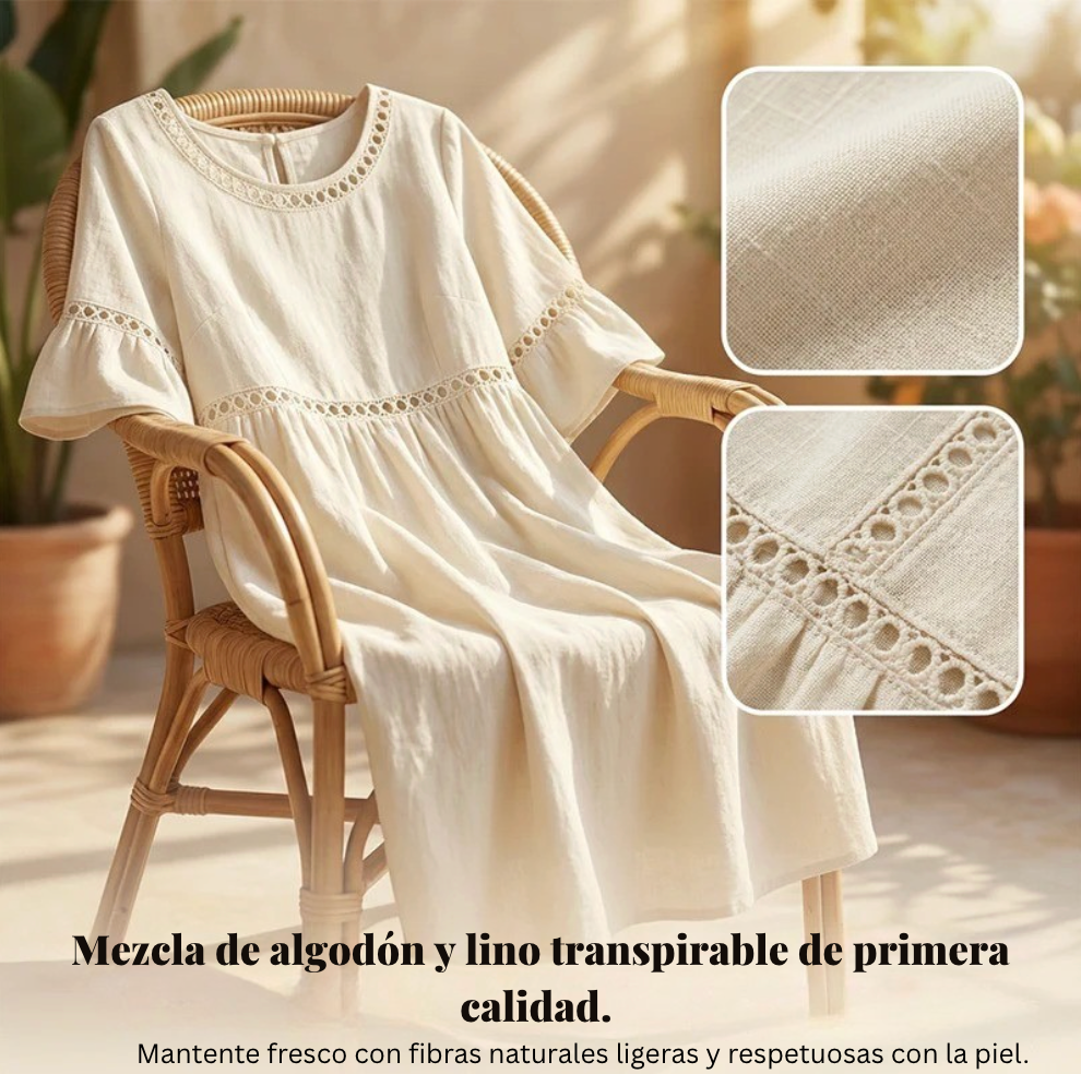 Vestido midi mujer de lino y algodón cuello redondo mangas volantes