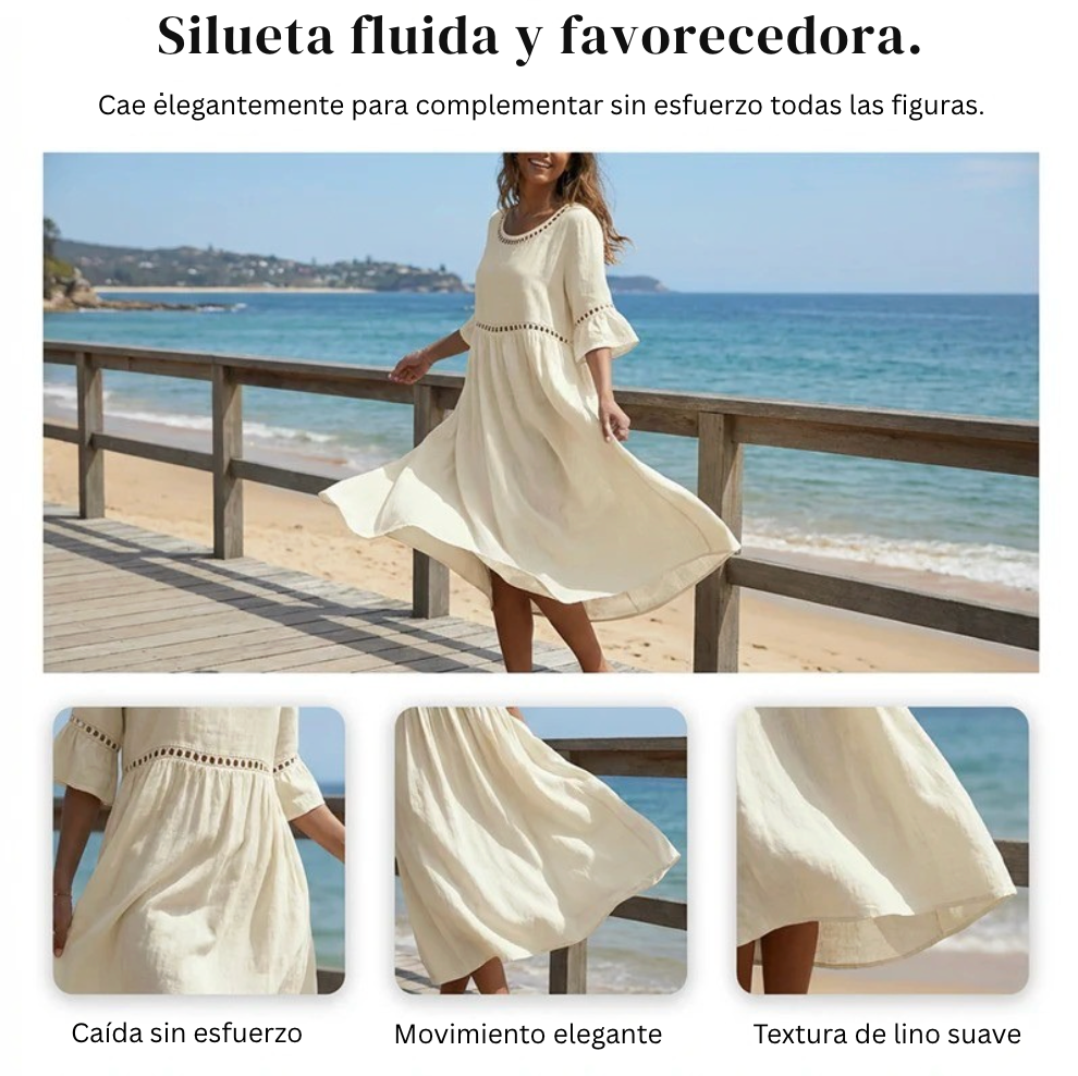 Vestido midi mujer de lino y algodón cuello redondo mangas volantes