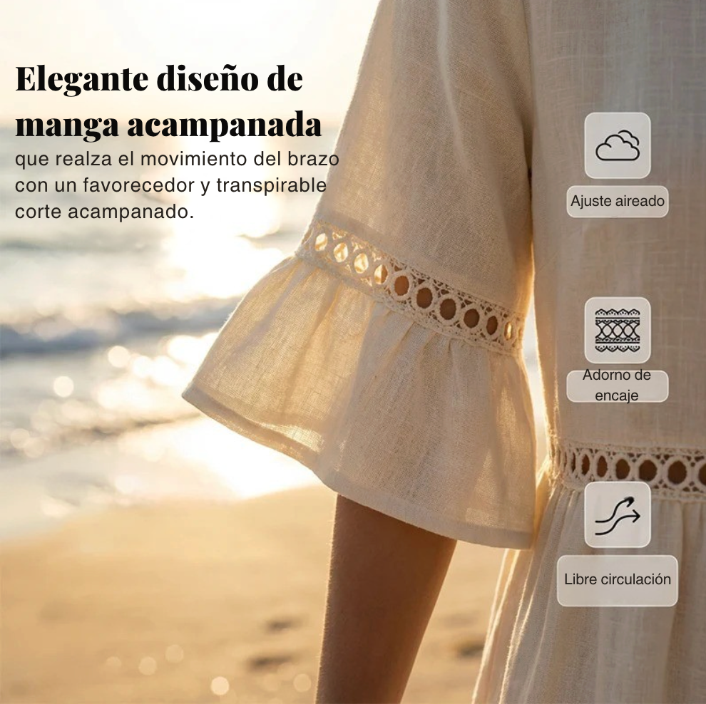 Vestido midi mujer de lino y algodón cuello redondo mangas volantes