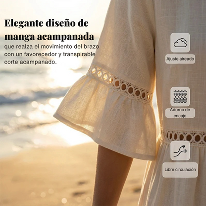 Vestido midi mujer de lino y algodón cuello redondo mangas volantes