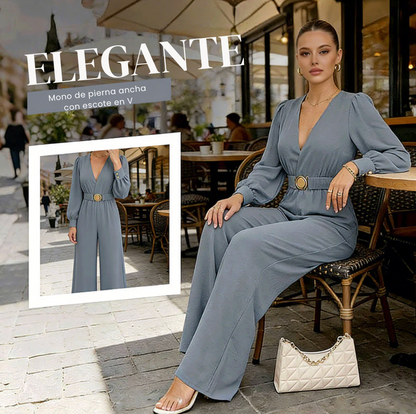 Mono Mujer Elegante Escote en V Cinturón Ancho