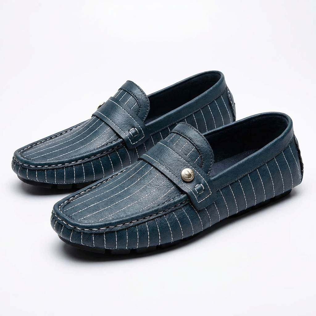 Mocasines Hombre de Piel Costuras Contrastadas Botón Decorativo