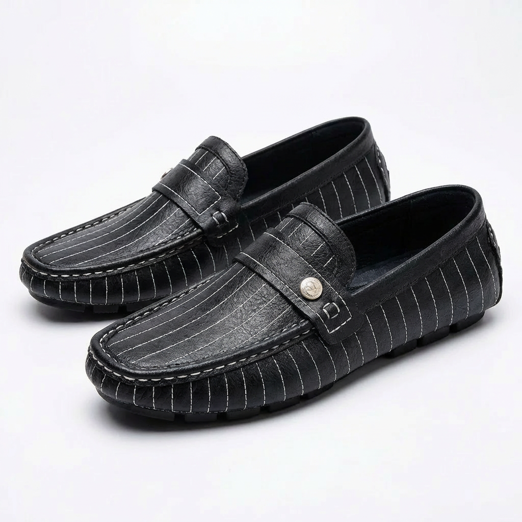 Mocasines Hombre de Piel Costuras Contrastadas Botón Decorativo