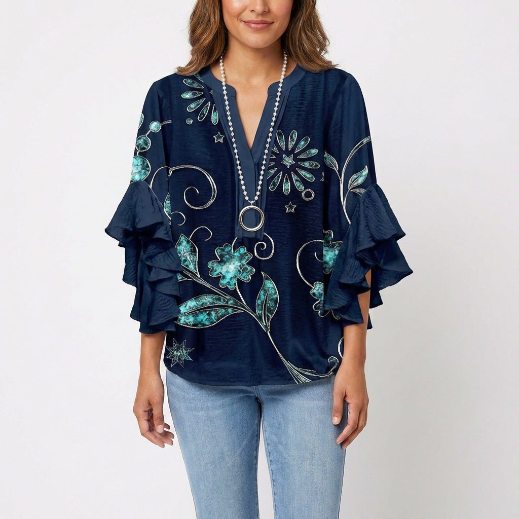 Blusa Mujer Estampada Manga Volante Estilo Boho