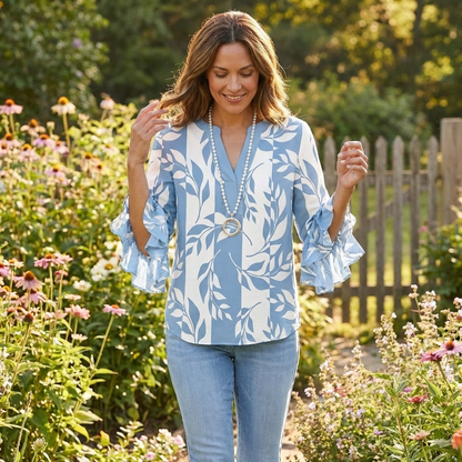 Blusa Mujer Estampada Manga Volante Estilo Boho