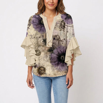 Blusa Mujer Estampada Manga Volante Estilo Boho