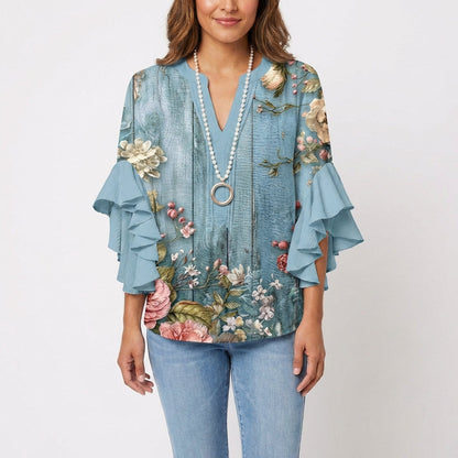 Blusa Mujer Estampada Manga Volante Estilo Boho