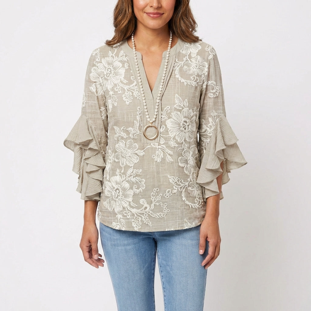 Blusa Mujer Estampada Manga Volante Estilo Boho