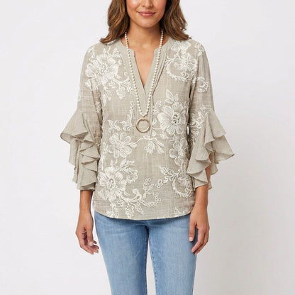 Blusa Mujer Estampada Manga Volante Estilo Boho