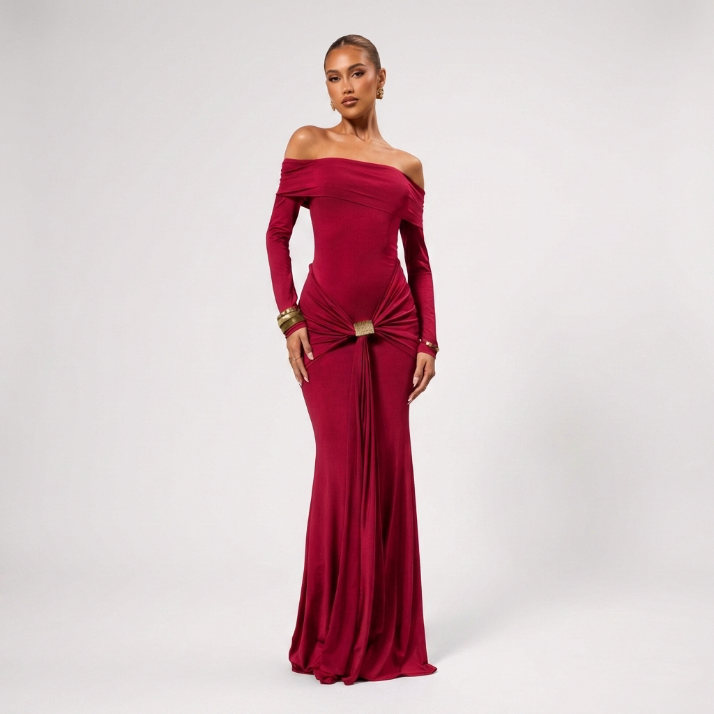 Vestido Fiesta Mujer Hombros Descubiertos Detalle Anudado - Mavetta
