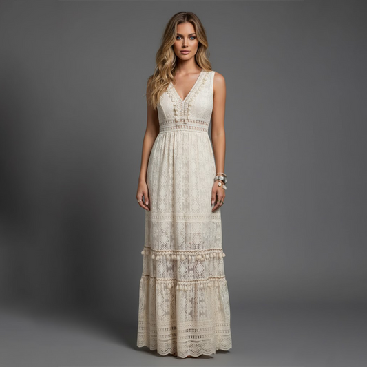 Vestido largo mujer de encaje escote en v - Mavetta