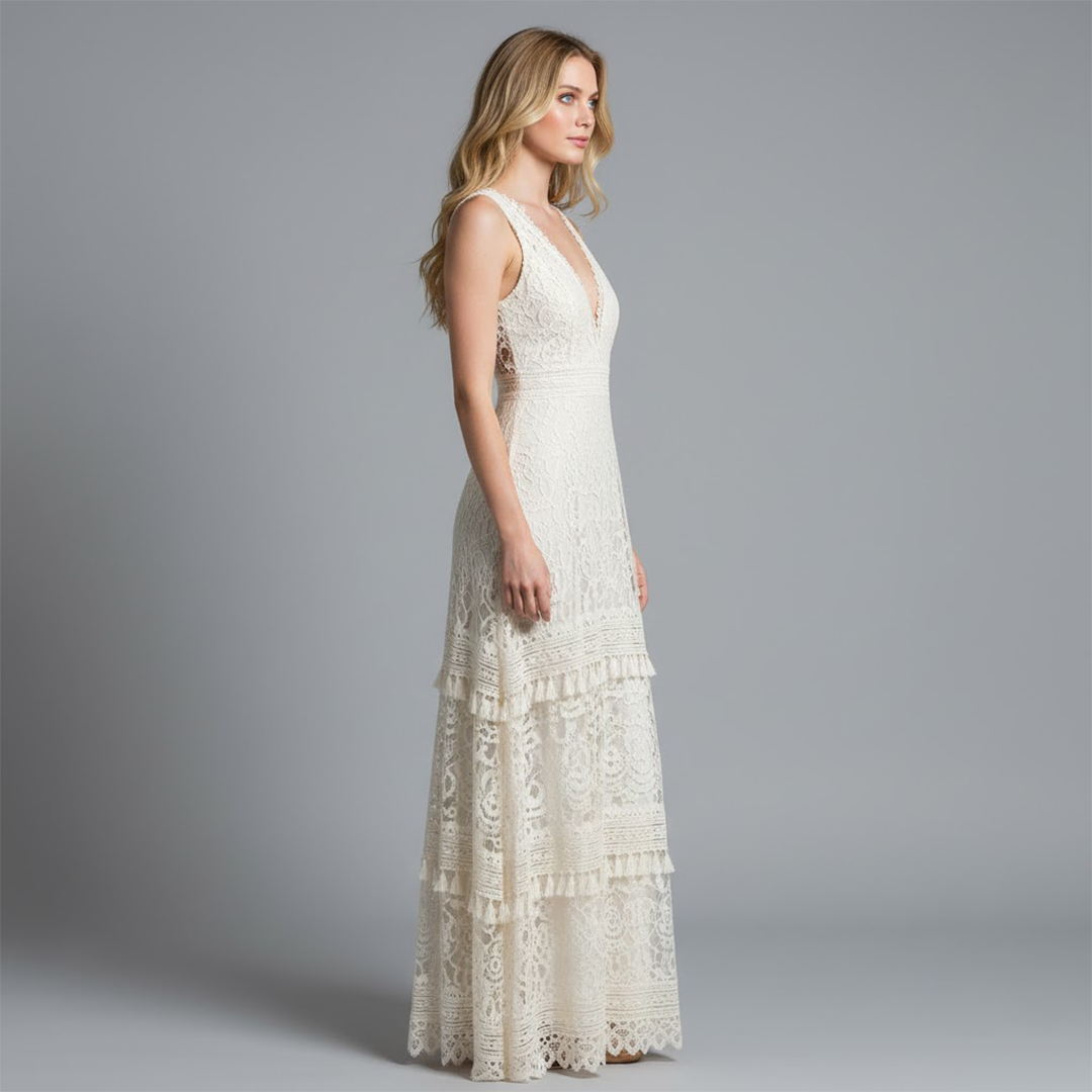 Vestido largo mujer de encaje escote en v