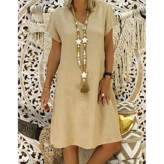 Vestido midi mujer Suave cuello en V mangas cortas - Mavetta
