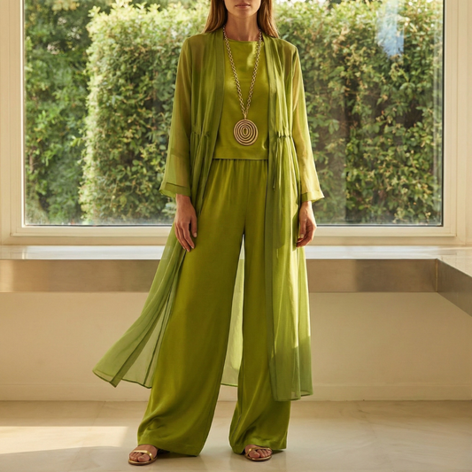 Conjunto Mujer Tres Piezas Palazzo Cárdigan Largo Transparente - Mavetta