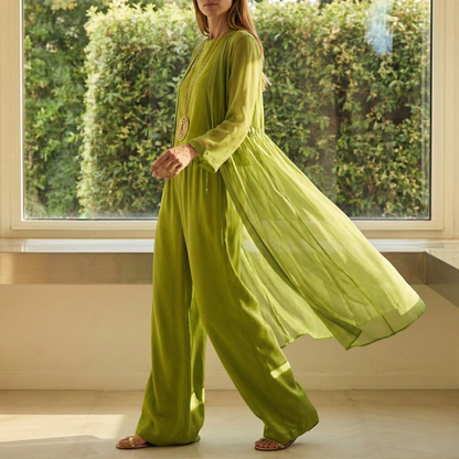 Conjunto Mujer Tres Piezas Palazzo Cárdigan Largo Transparente