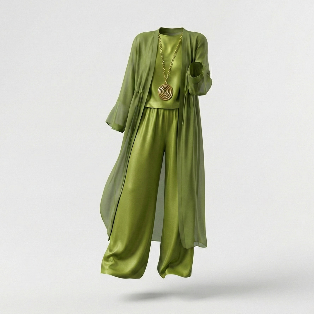 Conjunto Mujer Tres Piezas Palazzo Cárdigan Largo Transparente