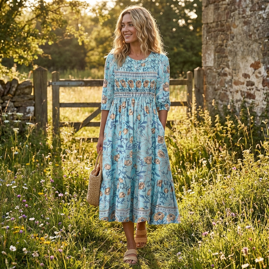 Vestido Midi Mujer Estampado Floral Ajuste Smock Boho