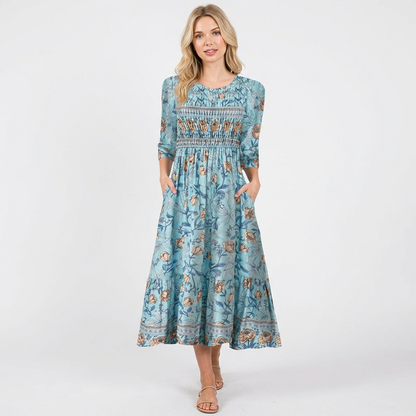 Vestido Midi Mujer Estampado Floral Ajuste Smock Boho - Mavetta