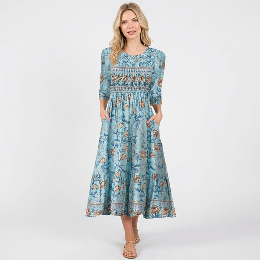 Vestido Midi Mujer Estampado Floral Ajuste Smock Boho - Mavetta