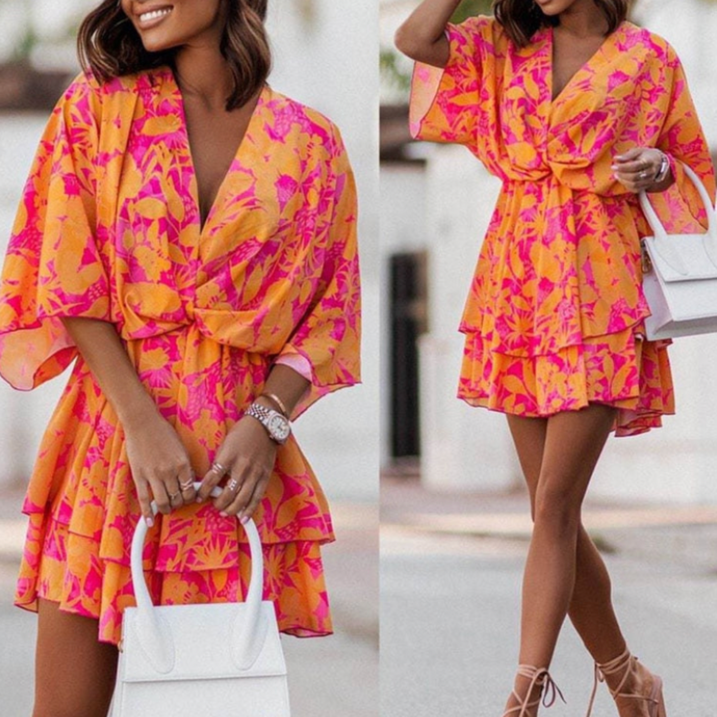 Vestido mini mujer Estampado floral Escote en V Mangas largas