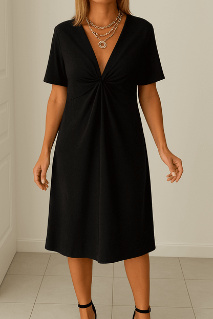 Vestido midi Mujer con detalle drapeado escote en V manga corta
