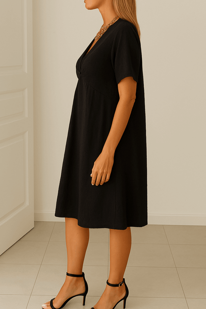 Vestido midi Mujer con detalle drapeado escote en V manga corta