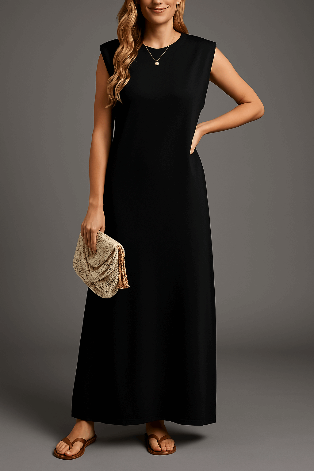 Vestido largo mujer sin mangas escote suave corte fluido