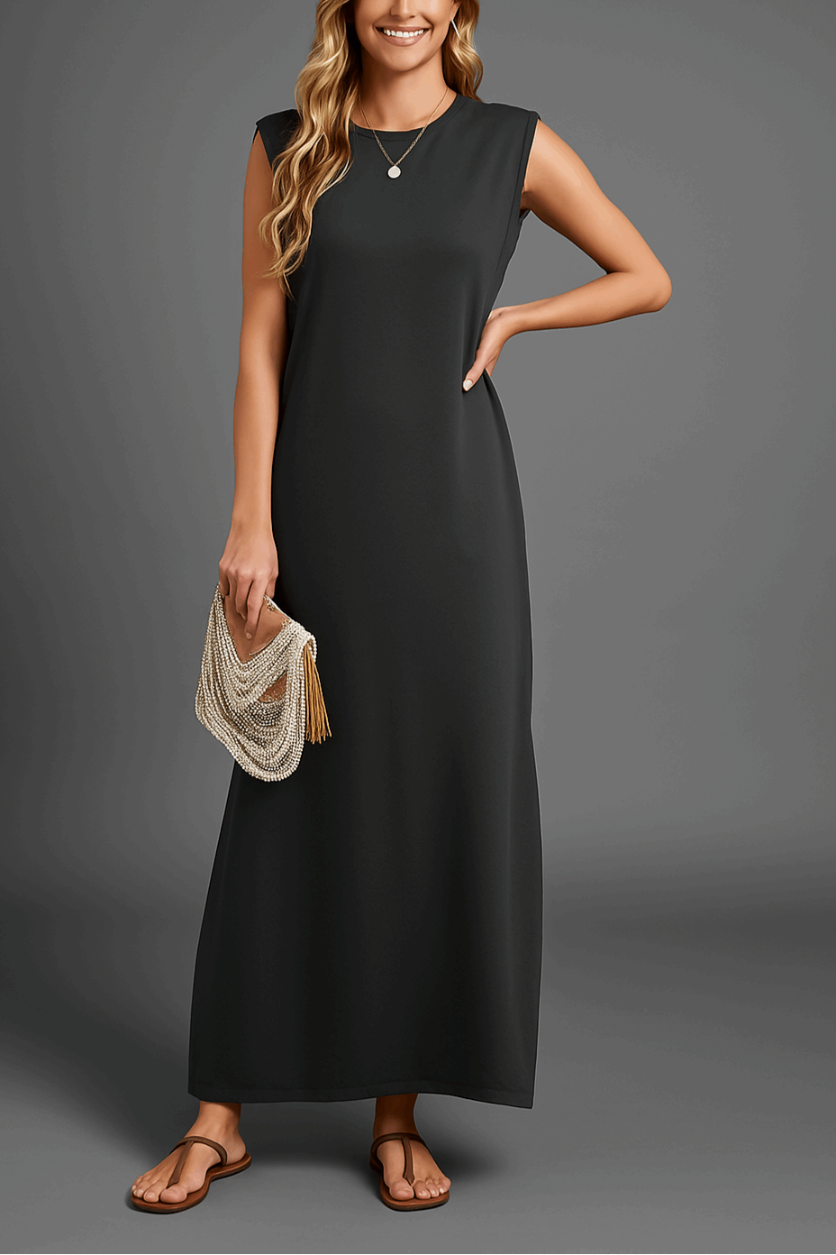 Vestido largo mujer sin mangas escote suave corte fluido - Mavetta