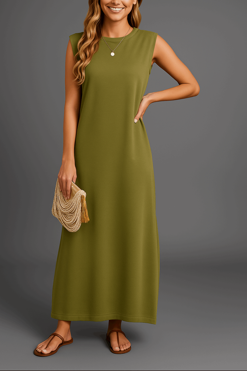 Vestido largo mujer sin mangas escote suave corte fluido