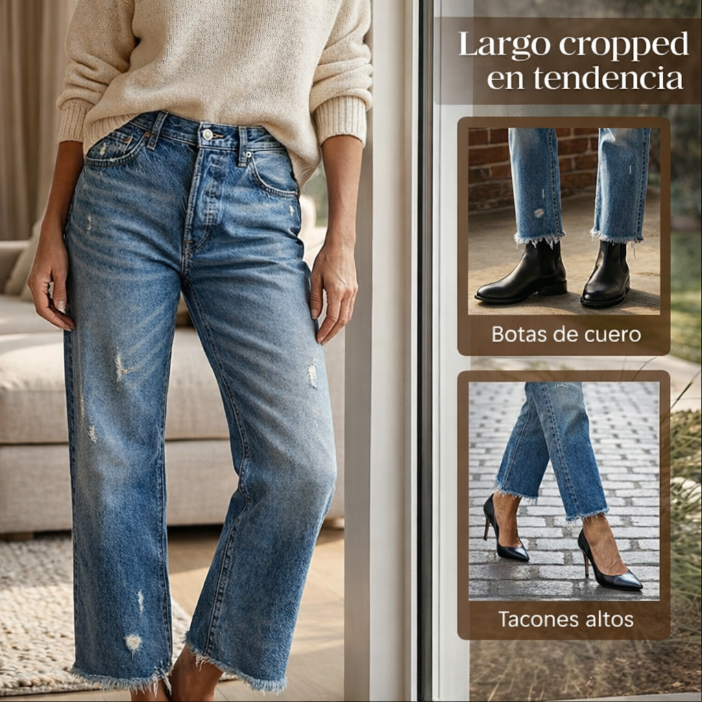 Vaqueros Mujer Cropped Rectos Estilo Retro