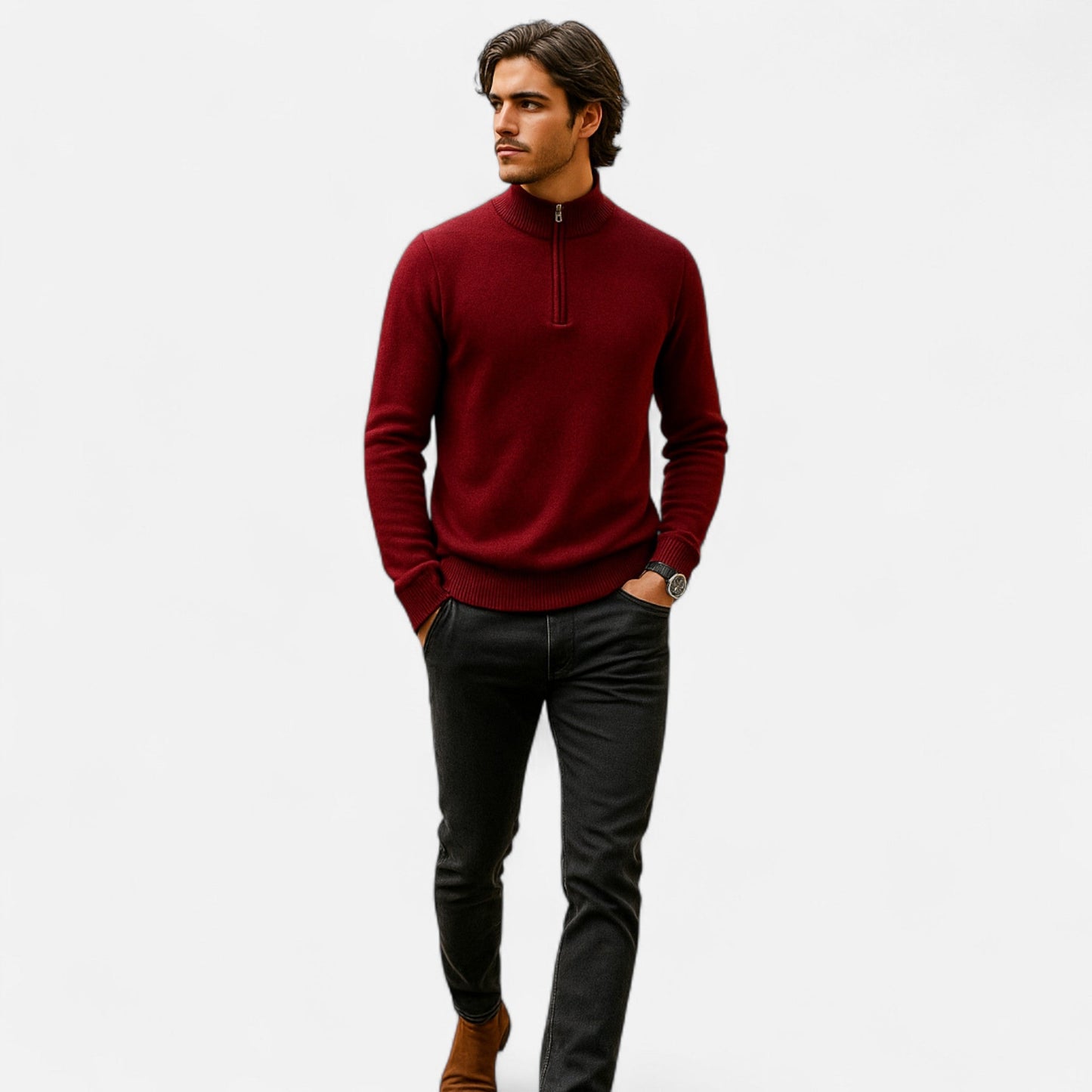 Suéter Hombre Lana Merino Media Cremallera Cuello Semi Alto