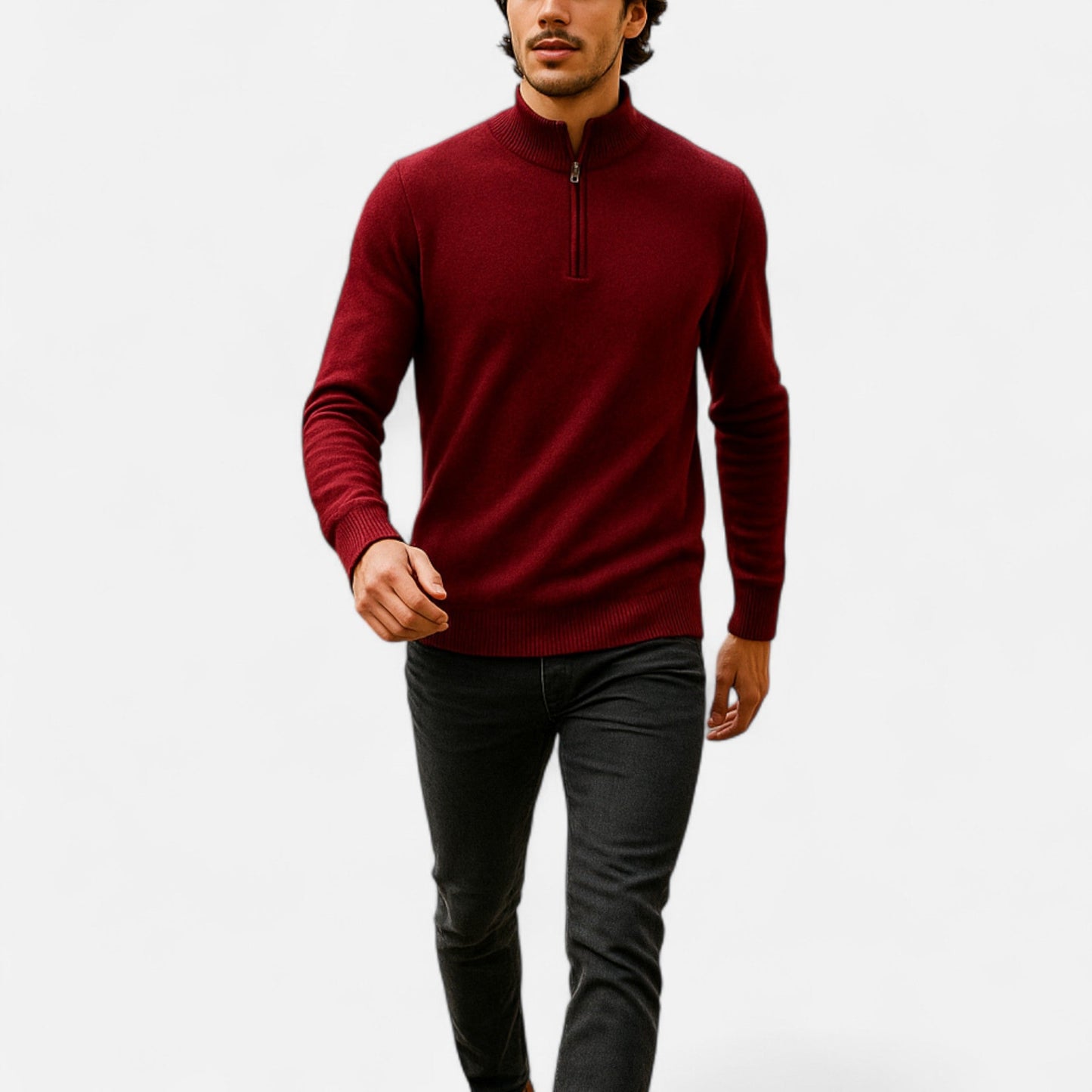 Suéter Hombre Lana Merino Media Cremallera Cuello Semi Alto