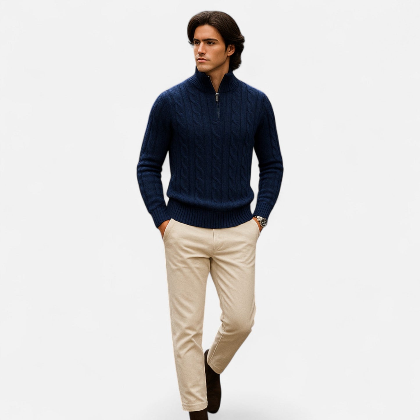 Jersey Hombre Cuello Alto Medio Cremallera Estilo Clásico