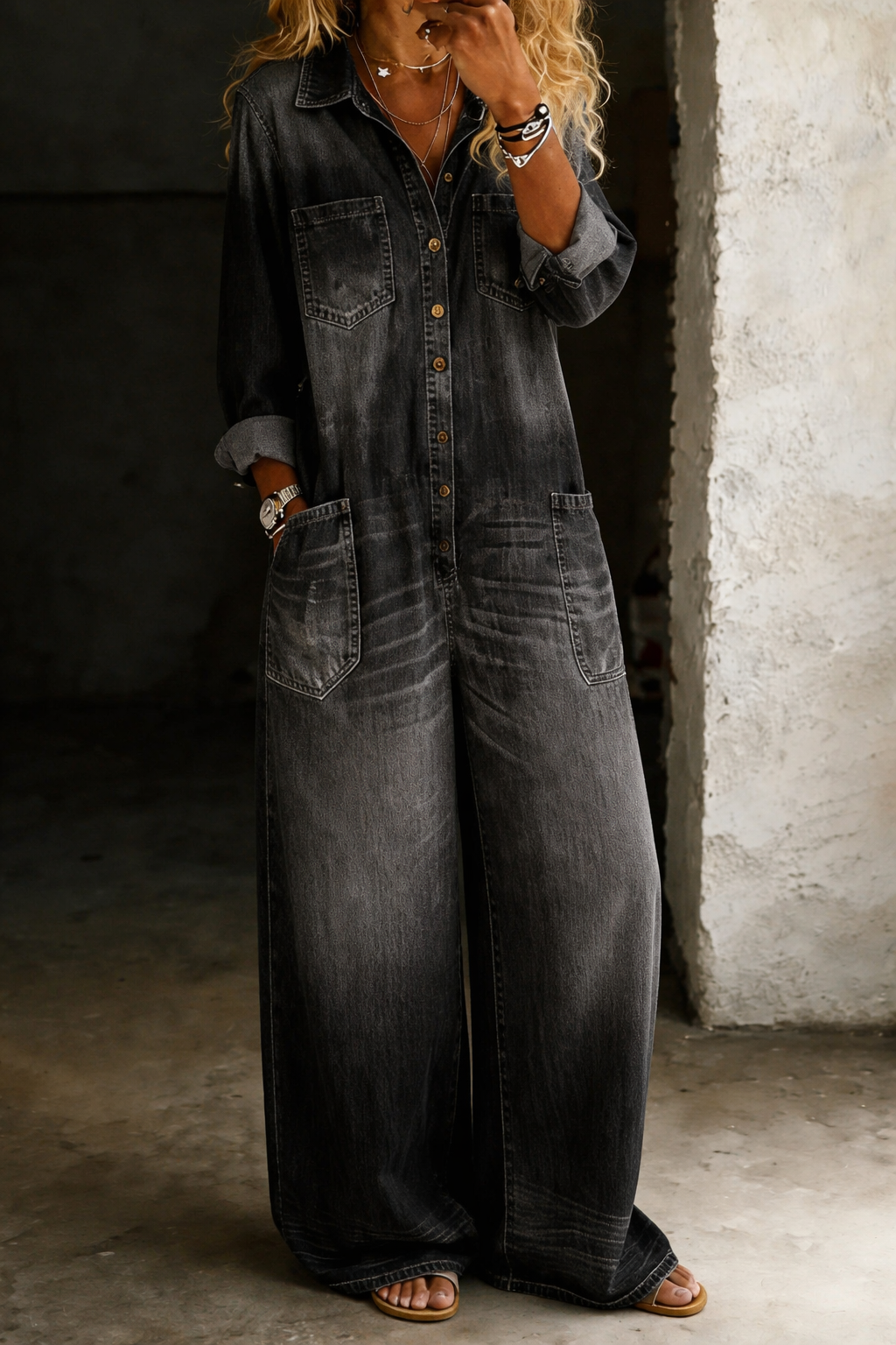 Mono largo mujer de denim con botones estilo casual