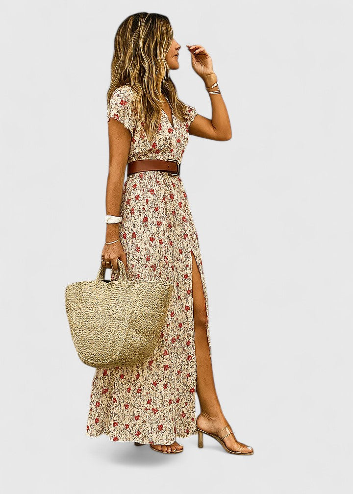 Vestido maxi mujer estilo boho cuello en V manga corta