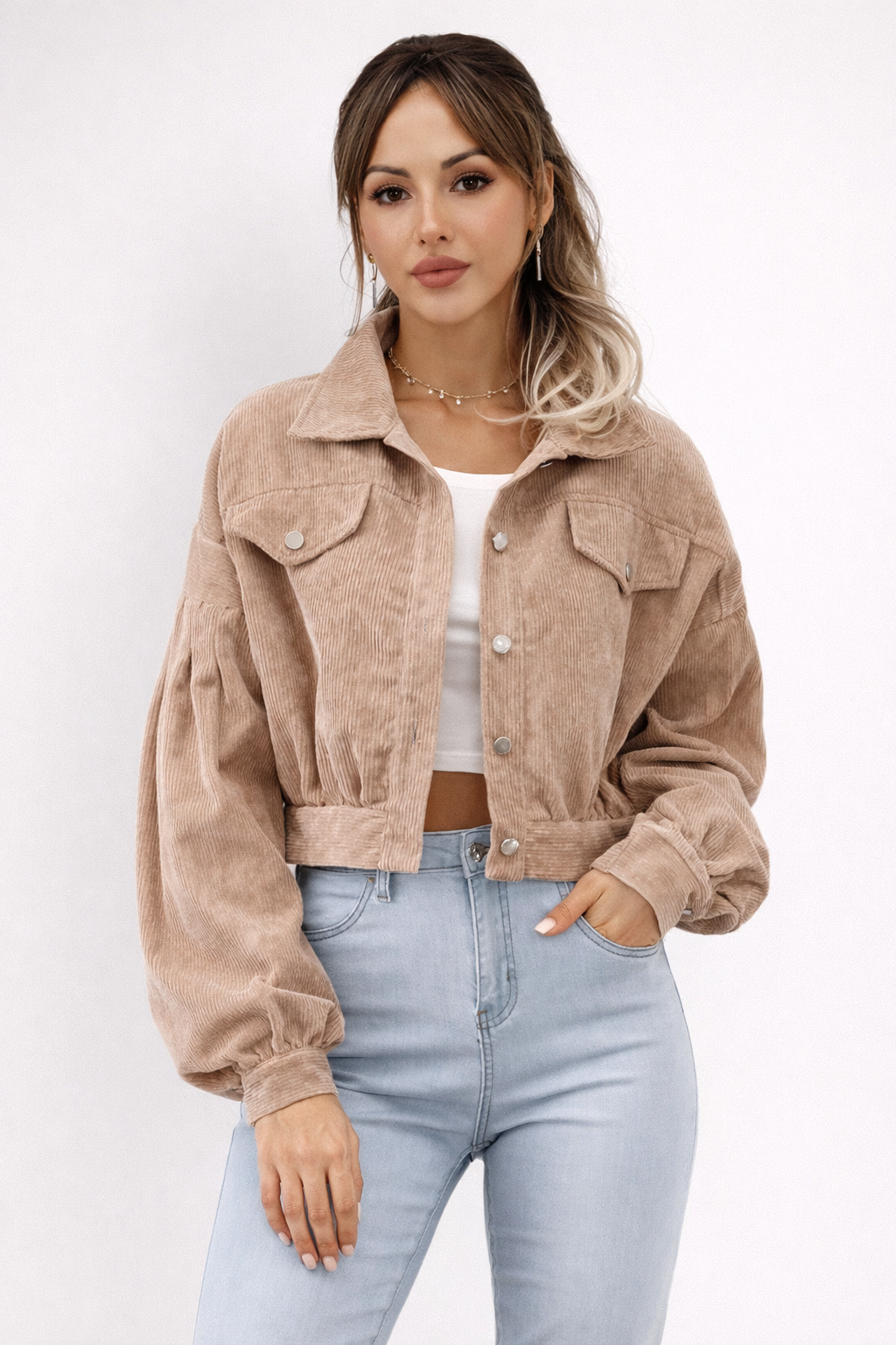 Chaqueta Mujer de Pana Corte Cropped Cuello Solapa Botones - Mavetta