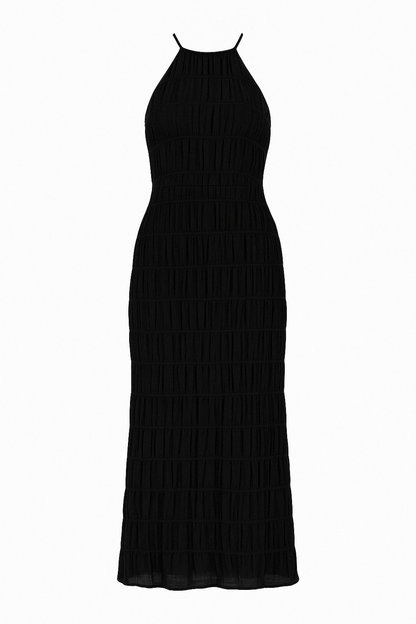 Vestido largo mujer con cuello halter y pliegues