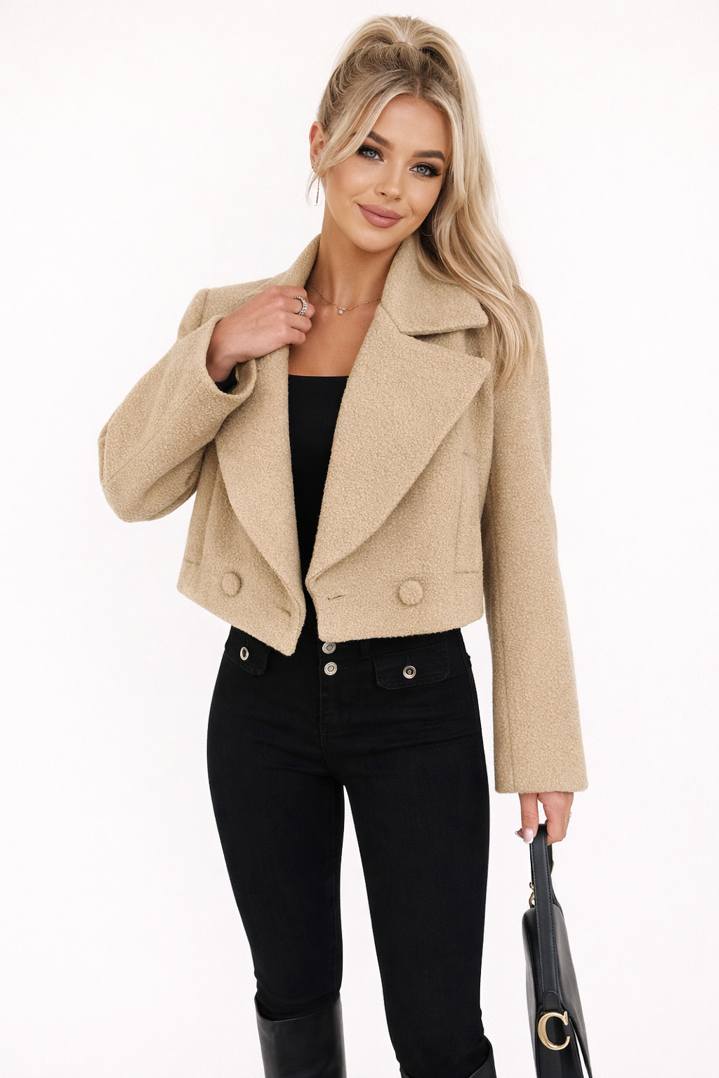 Chaqueta Corta Mujer de Bouclé Solapas Anchas Botones Decorativos