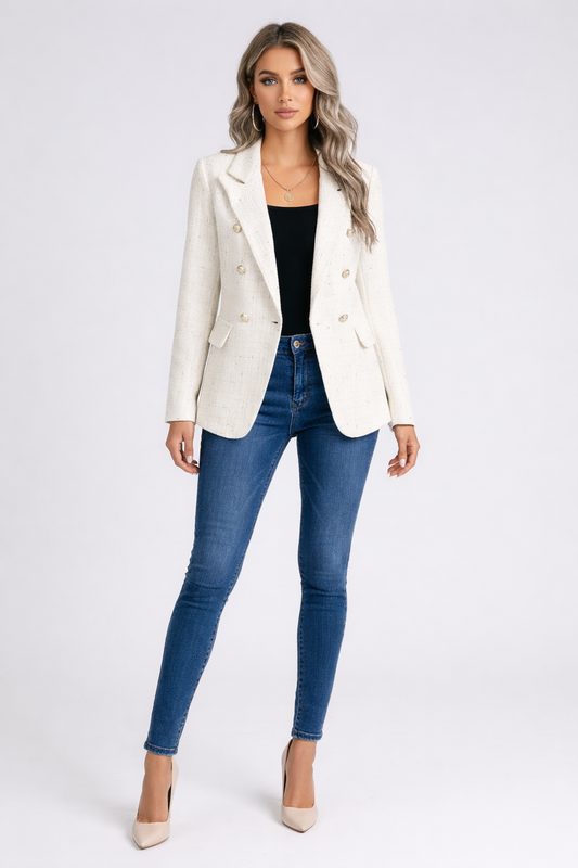Blazer Mujer Entallado Tweed Doble Botonadura Solapas - Mavetta