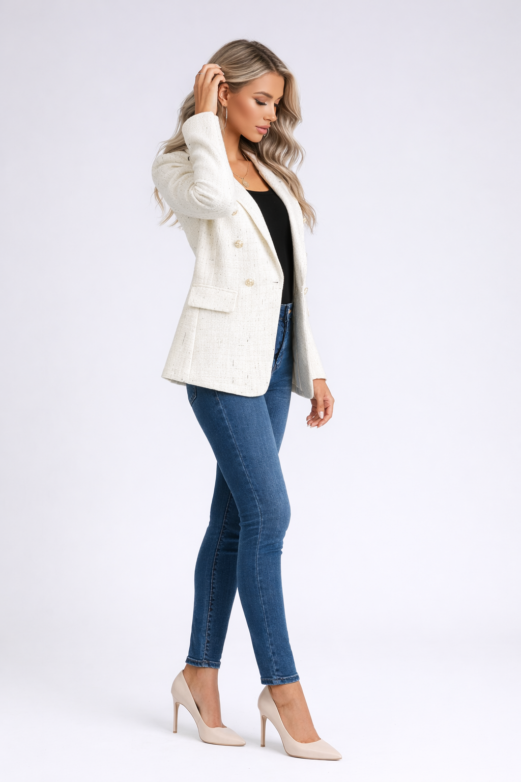 Blazer Mujer Entallado Tweed Doble Botonadura Solapas