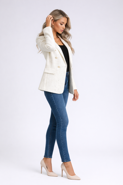 Blazer Mujer Entallado Tweed Doble Botonadura Solapas