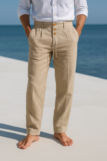 Pantalón Hombre de Lino Ligero con Cordón y Bolsillos
