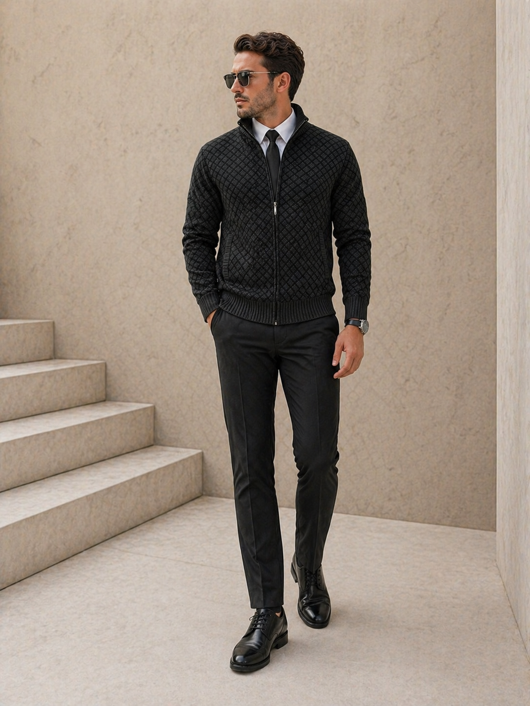 Cárdigan Hombre Jacquard Cuello Alto Cremallera Invierno