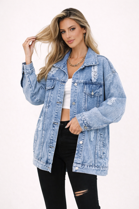 Chaqueta Vaquera Mujer Algodón Oversize Efecto Lavado Desgastada - Mavetta