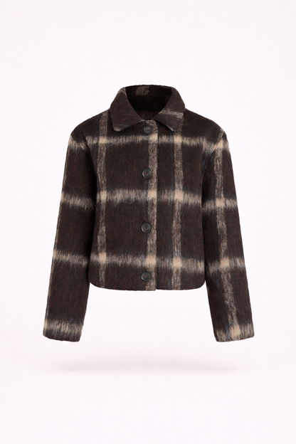 Chaqueta Corta Mujer de Cuadros con Botones y Cuello Camisero