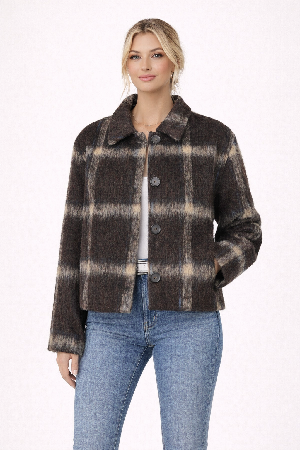 Chaqueta Corta Mujer de Cuadros con Botones y Cuello Camisero - Mavetta