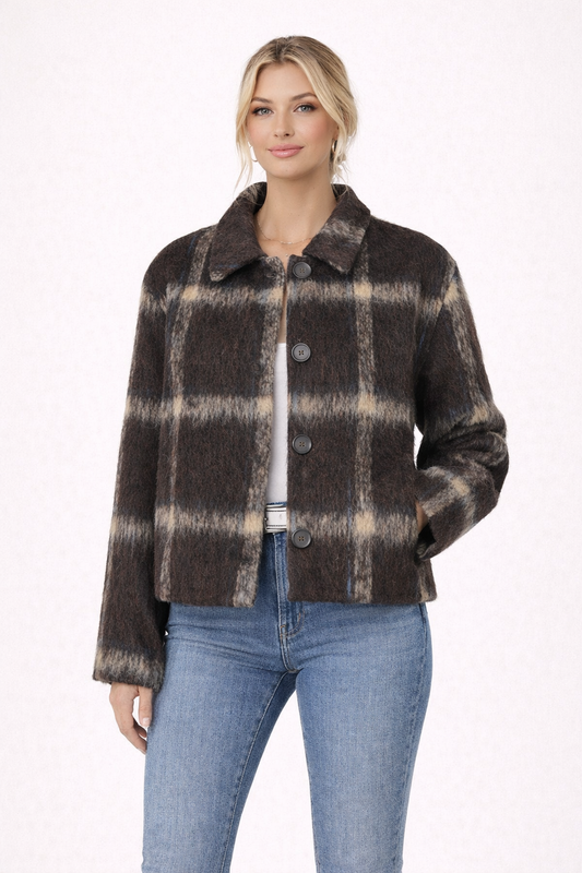 Chaqueta Corta Mujer de Cuadros con Botones y Cuello Camisero - Mavetta