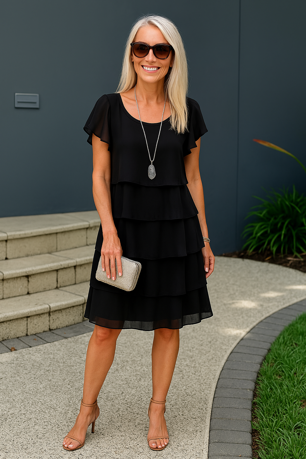 Vestido midi mujer con capas y manga corta